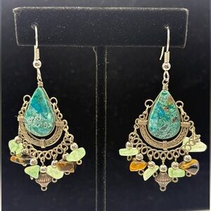 Vintage Bohemian Silver and Turquoise Dangle Earrings with semi precious stones.